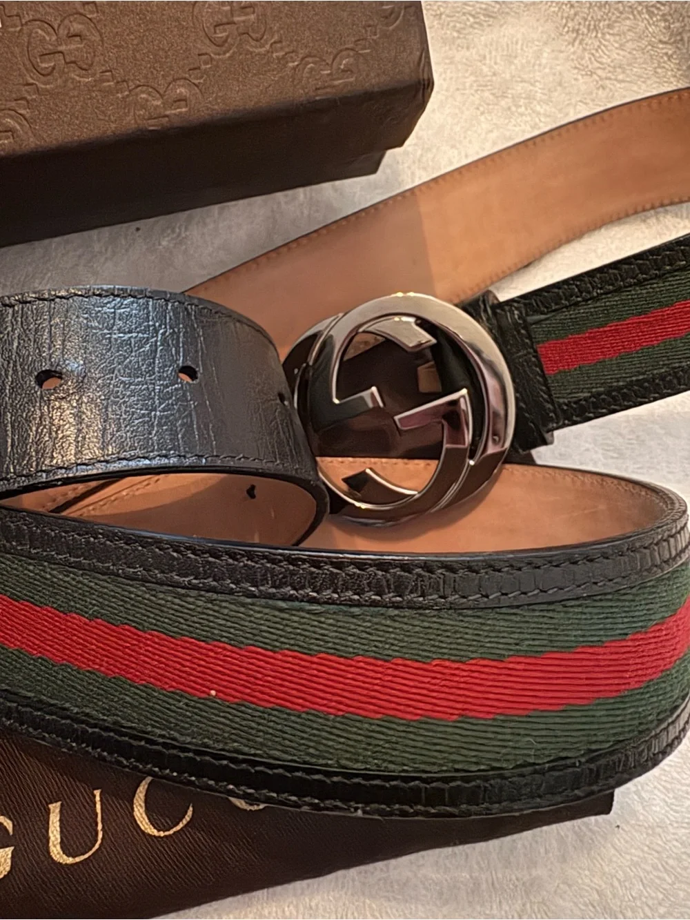 Gucci Black Leather Belt with Green and Red Web Stripe and Silver GG Buckle